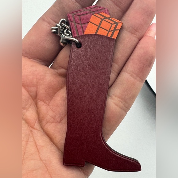 Authentic Hermes Boot Keychain Leather Charm Bordeaux Red Silver Chain - Picture 5 of 8